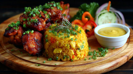 A gourmet serving features crispy fried chicken paired with flavorful spicy rice, fresh vegetables, and a side of mustard sauce, perfect for a delightful meal experience.の素材