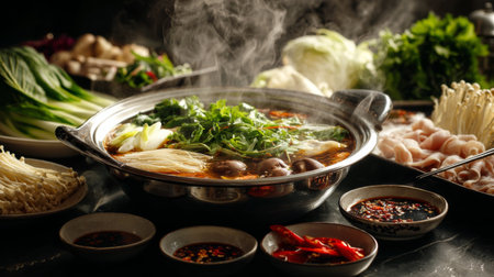 A steaming hot pot filled with vibrant greens and colorful ingredients awaits, creating a cozy and inviting atmosphere for a hearty meal experience.の素材