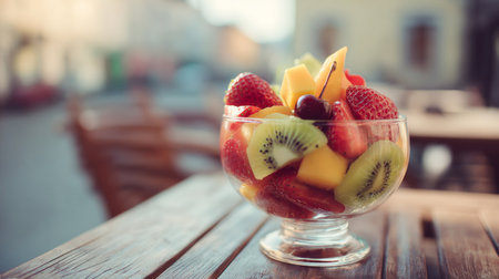 A vibrant fruit salad featuring strawberries, kiwi, mango, and cherries in a clear glass bowl placed on a rustic wooden table, ideal for summer dining or healthy snacking.の素材