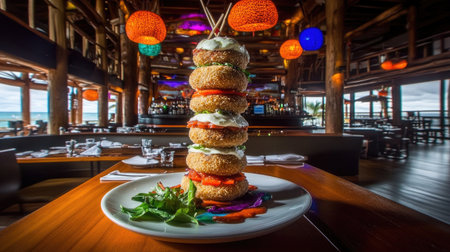 An artfully plated dish featuring layers of eggplant Parmesan, beautifully presented in a stylish restaurant setting that enhances the dining experience.の素材