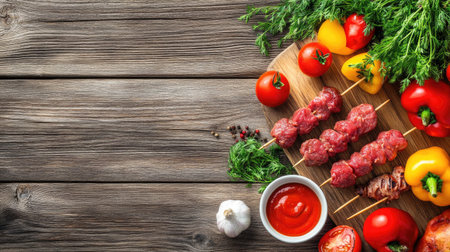 A beautifully arranged platter featuring grilled skewers, fresh vegetables, and herbs, perfect for outdoor dining and summer gatherings, showcasing vibrant colors and appetizing presentation.の素材