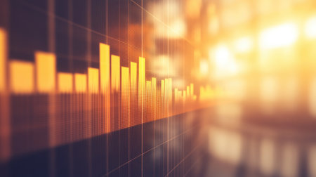 A close-up image of a candlestick chart showcasing stock performance, highlighting fluctuations in market data with vibrant orange tones for enhanced visual impact.の素材