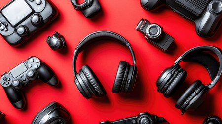 A creative flat lay featuring various types of headphones and electronic accessories arranged against a vibrant red background, showcasing modern design and technology.の素材
