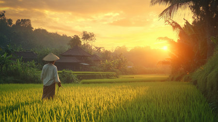 A serene sunset casts golden hues over lush rice fields, showcasing a farmer walking through the vibrant greenery of rural Asia, capturing tranquility in nature.の素材