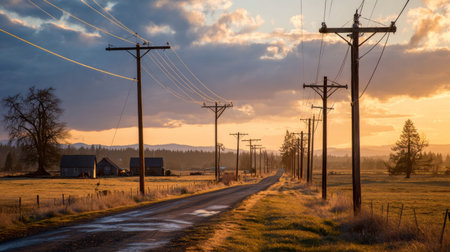 A serene country road stretches into the distance, framed by telephone poles. The vibrant sunset casts warm light over tranquil fields and rustic barns, inviting exploration.の素材