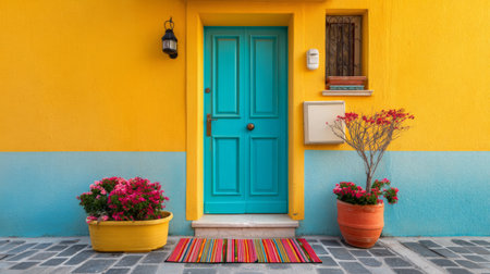 A stunning entryway showcasing a bright turquoise door, surrounded by vibrant flower pots against a vivid yellow wall, perfect for home and garden inspiration.の素材