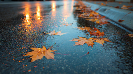 Close-up of orange autumn leaves lying on wet pavement after rain, reflecting street lights. Captivating scene showcasing seasonal beauty and urban tranquility.の素材