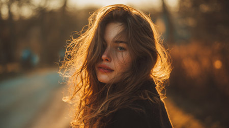 A stunning young woman captures a serene moment, her wavy hair illuminated by golden hour sunlight, exuding beauty and calm in a peaceful outdoor setting.の素材