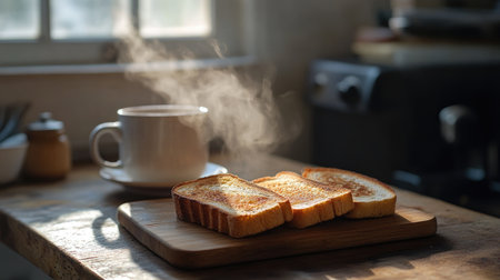 A cozy kitchen scene featuring warm toast and a steaming cup of coffee, perfect for a comforting breakfast moment. Bright sunlight adds warmth.の素材