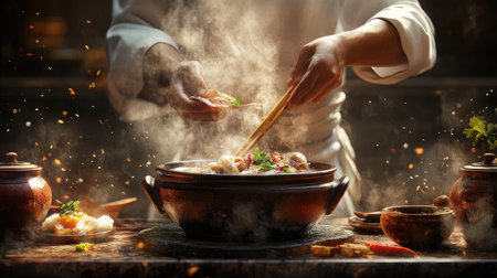 A skilled chef prepares a flavorful dish in a rustic kitchen, steam rising from a pot, highlighting the art of cooking with fresh ingredients and vibrant herbs.の素材