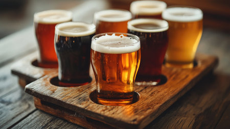 A selection of craft beers served in a wooden flight tray, featuring various colors and styles. Perfect for tasting events and social gatherings.の素材