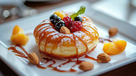 A beautifully presented glazed dessert featuring vibrant berries and nuts, ideal for a sweet treat at brunch or any special occasion.の素材