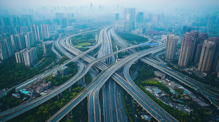 A stunning aerial view showcasing a complex urban highway interchange surrounded by city buildings and greenery, captured in a hazy atmosphere.の素材