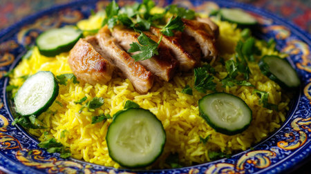 This delightful dish features a fragrant yellow rice base topped with tender grilled chicken slices, garnished with fresh cucumber and parsley, perfect for any meal.の素材