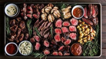 A stunning platter showcasing a variety of perfectly grilled meats, garnished with herbs and served with a selection of sauces, ideal for gatherings.の素材