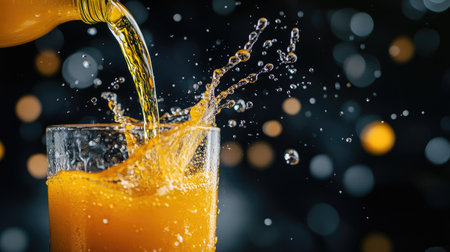 A vibrant splash of refreshing orange juice pours into a glass, creating a dynamic scene full of energy, ideal for summer promotions or healthy living themes.の素材