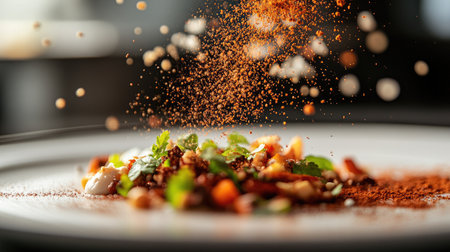 A close-up view of vibrant spices being sprinkled on a gourmet dish, showcasing the artistry of culinary presentation and fresh ingredients for an appetizing visual.の素材