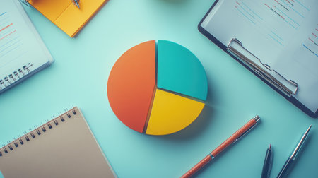 A vibrant pie chart displayed on a desk alongside various stationery items. Ideal for illustrating data analysis, business planning, and creative workspace themes.の素材