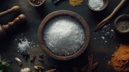 Discover a rustic kitchen scene featuring an array of spices and salt in wooden bowls. Perfect for culinary and food-related projects.の素材