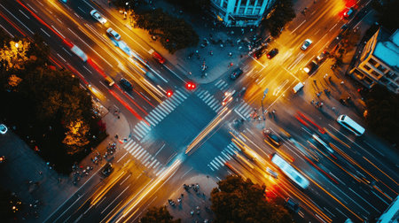 Aerial view of a busy urban intersection at night, showcasing vibrant light trails from moving vehicles, illuminating the bustling city scene filled with pedestrians and traffic.の素材