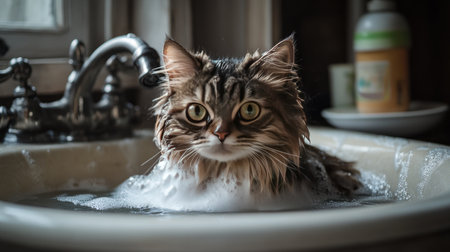 A fluffy cat enjoys a bubble bath in a sink, showcasing its adorable expression and curiosity. The scene captures the playful and fun moment of pet hygiene.の素材