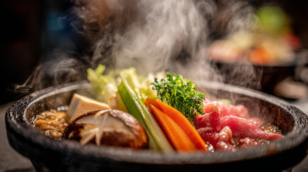 This captivating image showcases a steaming hot pot filled with a vibrant assortment of fresh ingredients, expertly presented in a rustic stone bowl, evoking warmth and culinary delight.の素材