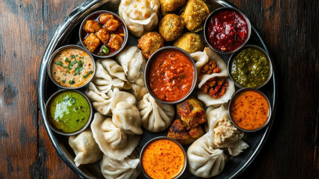 A vibrant platter featuring a variety of Indian street food with colorful dips and snacks. Perfect for food lovers and culinary enthusiasts seeking new flavors.の素材