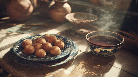 Traditional Indian sweets arranged on an ornate plate next to a steaming cup of tea, capturing a warm and inviting atmosphere with soft natural light.の素材