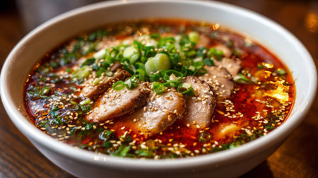 Enjoy a vibrant bowl of ramen featuring tender pork slices, sesame seeds, and fresh green onions in a rich, flavorful broth perfect for any meal.の素材