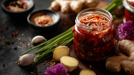 A colorful jar of spicy fermented vegetables sits amid fresh garlic, ginger, and chives, offering a vibrant display ideal for food photography and culinary inspiration.の素材