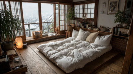 A serene bedroom showcasing minimalist design elements, large windows with city views, and soft bedding, perfect for relaxation and peaceful living.の素材