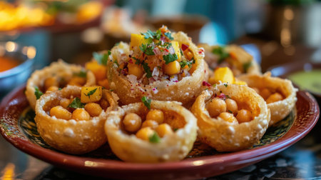A vibrant Indian snack platter featuring crispy puris filled with chickpea and mango, garnished with fresh herbs. Perfect for sharing and celebrating flavors.の素材