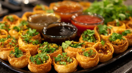 A vibrant platter featuring crispy snacks, served with a variety of colorful dipping sauces and fresh herbs, perfect for parties and social gatherings that celebrate flavor.の素材