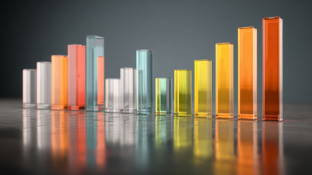 Vibrant transparent bars illustrate data trends in business analytics. The reflective surface enhances visual appeal, perfect for marketing and finance projects.の素材