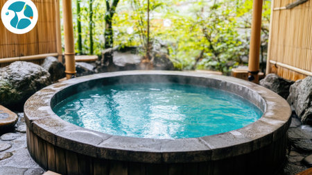 Experience the serenity of a traditional onsen featuring a stone pathway and vibrant blue waters. A perfect oasis for relaxation amidst nature.の素材