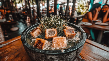 A captivating close-up shot of sizzling grilled pork belly, beautifully presented in a bowl. The dish is garnished with fresh herbs, showcasing vibrant colors and appetizing texture.の素材