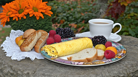 Enjoy a cozy breakfast scene featuring a cheese omelette, fresh fruits, and a steaming cup of coffee, set against a vibrant garden backdrop.の素材