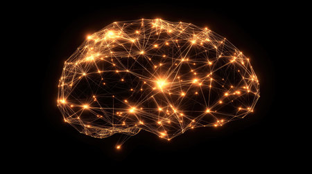 A captivating artistic representation of a human brain, showcasing the intricate network of connections. This digital artwork symbolizes creativity and intelligence with glowing elements and vibrant visuals.の素材