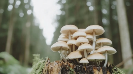 A captivating cluster of glowing mushrooms sprouting from a decaying log in a serene forest environment, showcasing nature's beauty and biodiversity.の素材