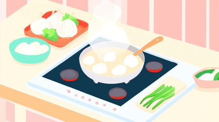 A cozy kitchen scene featuring a pot of garlic-infused soup on the stove, surrounded by fresh vegetables and a warm, inviting atmosphere.の素材