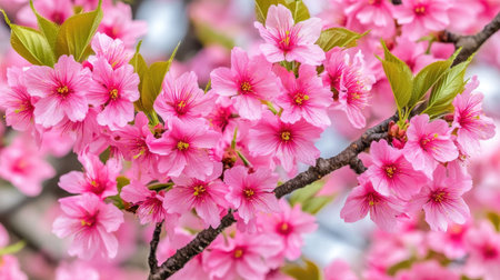 Experience the beauty of delicate sakura flowers in a close-up view, showcasing vibrant pink petals and lush greenery, perfect for springtime imagery.の素材