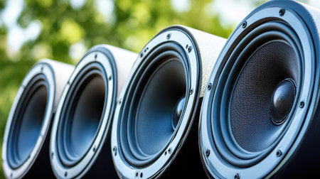 This image showcases a close-up view of high-quality car speakers, highlighting their design and components in a beautiful outdoor setting. Perfect for audio enthusiasts.の素材