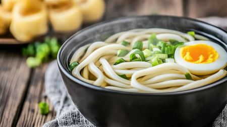 A mouthwatering bowl of thick and chewy udon noodles garnished with green onions and a soft-boiled egg in a savory broth, perfect for food lovers.の素材