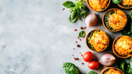 A top-down view of individual cheesy spinach baked dishes, showcasing vibrant ingredients and rustic presentation, perfect for healthy snacking or entertaining.の素材