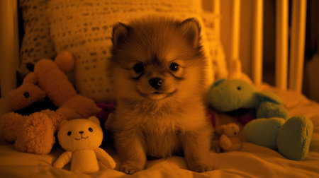 This adorable tiny Pomeranian puppy with a fluffy coat sits among soft toys, radiating charm and innocence in a cozy home setting.の素材