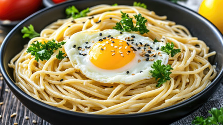 A vibrant bowl of whole wheat pasta topped with a sunny-side-up egg and fresh herbs, offering a healthy and delicious meal option for any time of day.の素材