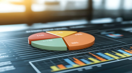 This image showcases a vibrant 3D pie chart with translucent slices, perfect for visualizing data and statistics in reports and presentations. Ideal for business and finance contexts.の素材
