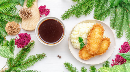 Discover a beautifully arranged overhead shot of a delicious fried chicken meal, featuring crispy chicken, creamy mash, and rich gravy, surrounded by natural decor.の素材