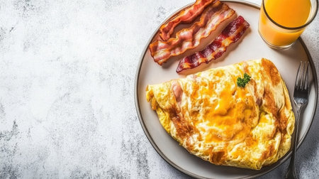 An appetizing overhead view of a fluffy cheese omelette paired with crispy bacon and a refreshing glass of orange juice, perfect for a hearty breakfast.の素材