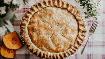 An overhead view of a freshly baked chicken and pumpkin pie, showcasing a golden flaky crust and rustic charm, perfect for autumn gatherings or festive meals.の素材